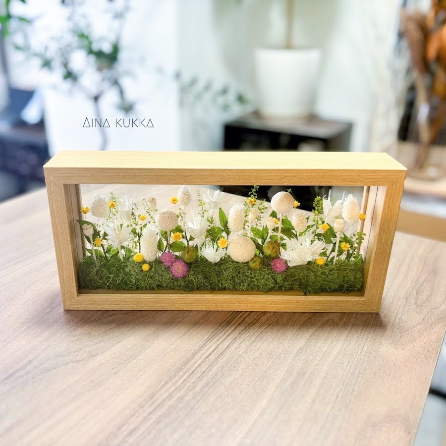 [ガラスフレームアレンジ/L]ナチュラルホワイトガーデン/ドライ・プリザーブドフラワー